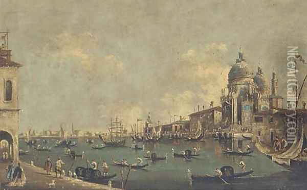 Gondolas and other shipping at the entrance to the Grand Canal before Santa Maria della Salute Oil Painting - Francesco Guardi