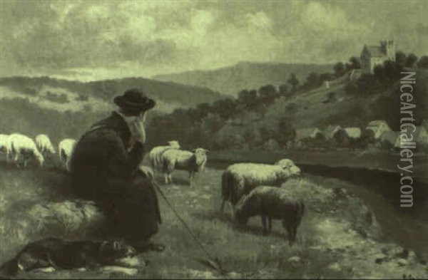Rastender Schafer Mit Seiner Herde Am Bach Oil Painting - Alfred Schoenian