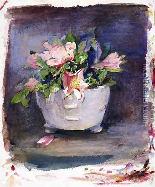 Wild Roses In A White Chinese Porcelain Bowl Oil Painting - John La Farge