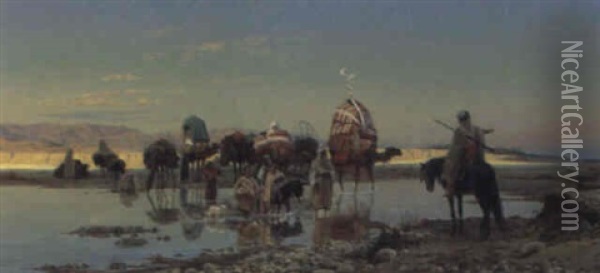 An Aran Caravan Crossing A Ford Oil Painting - Eugene Alexis Girardet