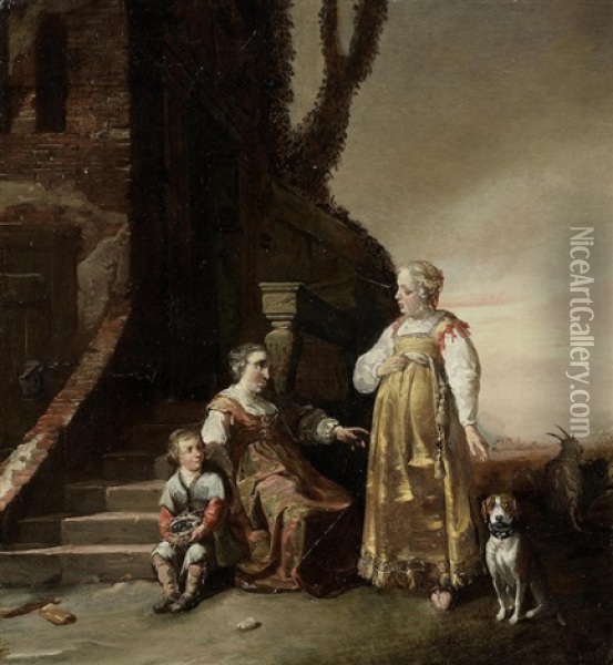 A Lady Conversing With A Peasant Woman And Child Seated On A Staircase Oil Painting - Jan Baptist Weenix