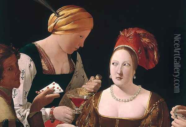 The Cheat with the Ace of Diamonds, detail depicting the two women, c.1635-40 Oil Painting - Georges de La Tour