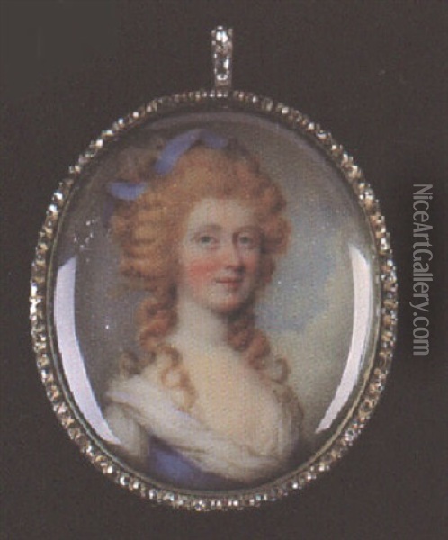 Mrs. Swinburne Wearing Decollete White Dress, Matching Ribbon In Upswept Hair Oil Painting - Johann Heinrich von Hurter