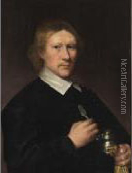 A Portrait Of A Dentist, Aged 
35, Half Length, Wearing A Black Coat With White Collar, Holding A 
Silver Tongue-spatula In His Right Hand, And A Silver Box Under His Left
 Arm Oil Painting - Benjamin Gerritsz. Cuyp