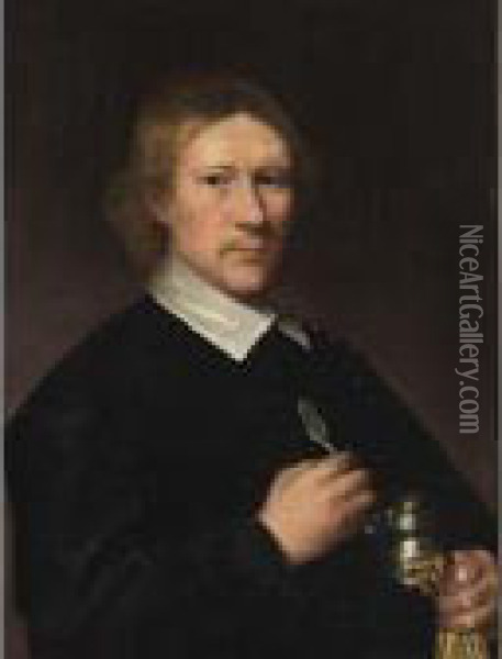 A Portrait Of A Dentist, Aged 
35, Half Length, Wearing A Black Coat With White Collar, Holding A 
Silver Tongue-spatula In His Right Hand, And A Silver Box Under His Left
 Arm Oil Painting - Benjamin Gerritsz. Cuyp