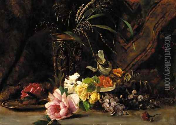Lilies, peonies, roses, a carnation and other flowers before a brass plate and vase Oil Painting - Hugo Charlemont