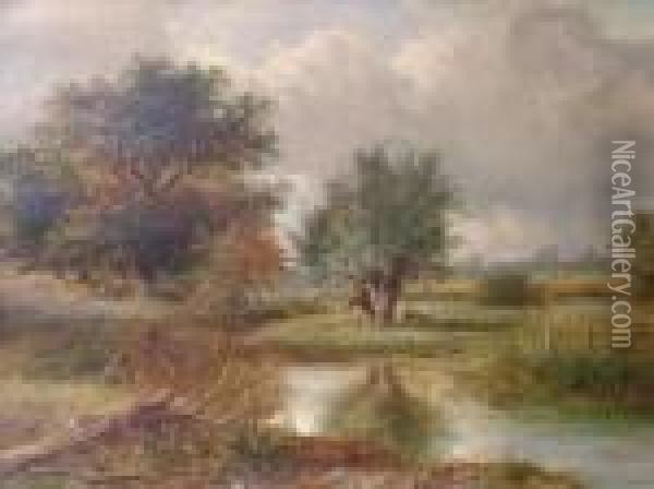 A River Landscapewith Angler Oil Painting - Joseph Thors