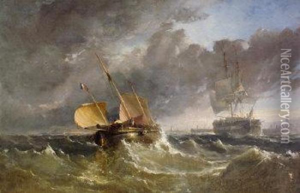 A French Barge Leaving Port Oil Painting - Edwin Hayes