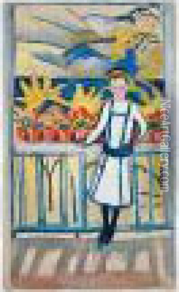 Madchen Am Balkon I, Tegernsee (girl On A Balcony I: Tegernsee) Oil Painting - August Macke