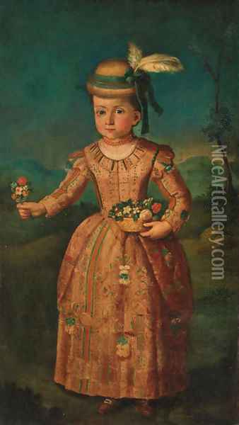 Portrait of a girl, standing full-length, in an embroidered dress and feather plumed hat, holding flowers in her hands Oil Painting - French School