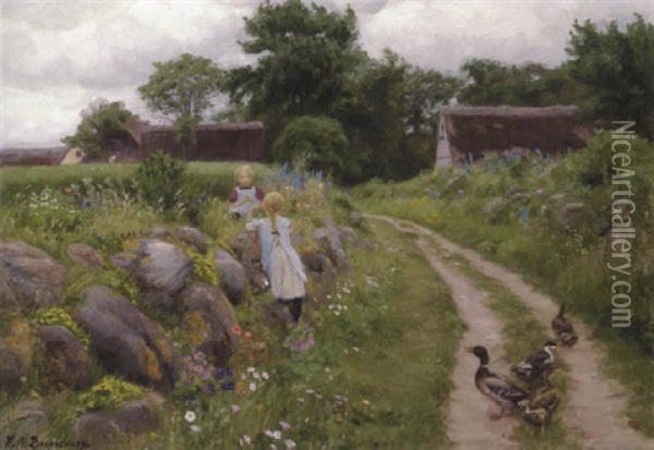 Smapiger Ved Et Stengraerde Oil Painting - Hans Andersen Brendekilde