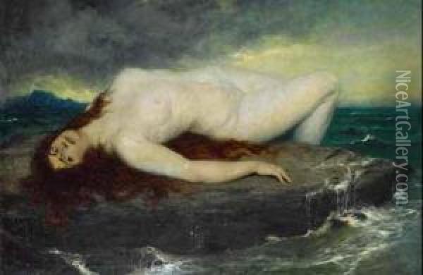 Frauenakt Auf Einem Felsen Im Meer Liegend, Von Tosendem Wasser Umgeben. Oil Painting - Ferdinand Leeke