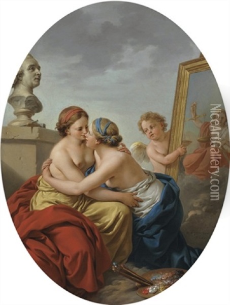 The Union Of Painting And Sculpture Oil Painting - Louis Jean Francois Lagrenee