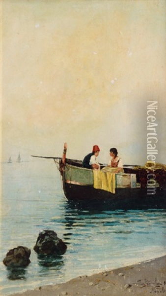 Neapolitan Lovers In A Fishing Boat Oil Painting - Salvatore Petruolo