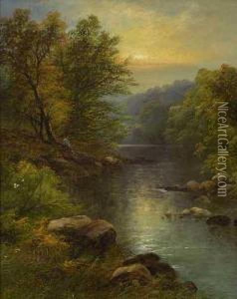 Angler In Flusslandschaft Oil Painting - George B. Yarnold