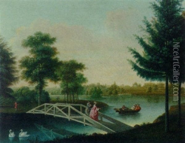 Elegant Figures Crossing A Bridge In A Park Landscape Oil Painting - Georg Melchior Kraus