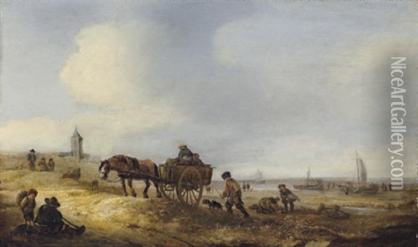 A Beach Scene With Fisherfolk And A Horse And Cart, A Church Beyond Oil Painting - Isaac Van Ostade