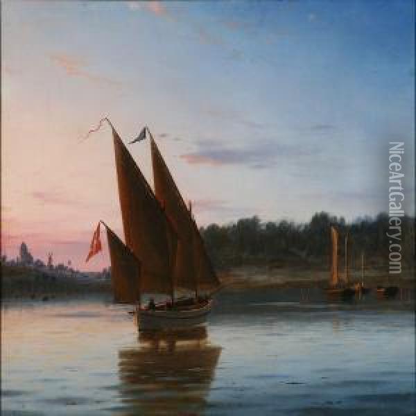 Marine With Sailing Boats Atsunset Oil Painting - Christian Eckardt