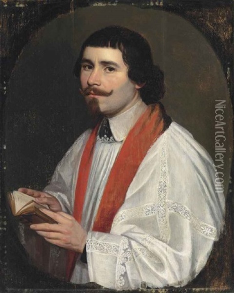 Portrait Of A Cleric, Half-length, In A White Surplice And Crimson Stole, Holding A Book, In A Feigned Oval Oil Painting - Philippe de Champaigne