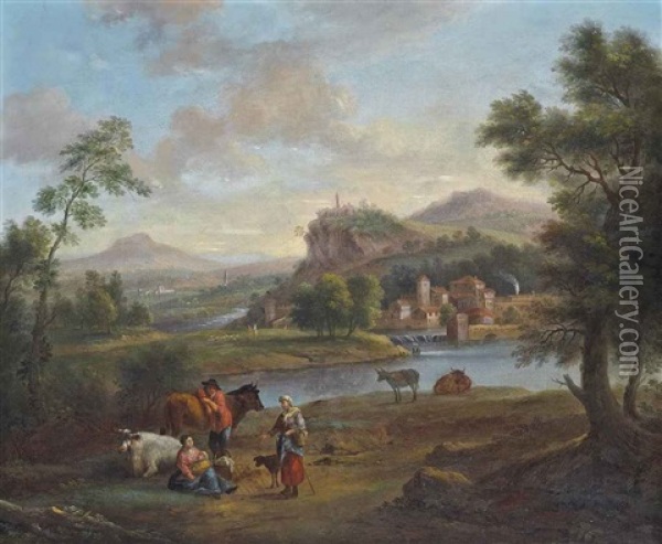 An Italianate River Landscape With Travellers At Rest Oil Painting - Jan Frans van Bloemen