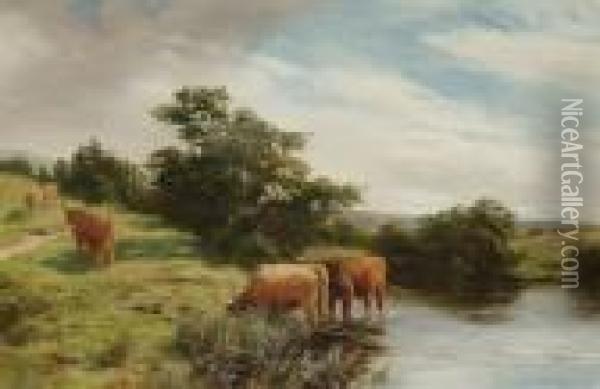 Highland Cattle Watering Oil Painting - Peter Graham