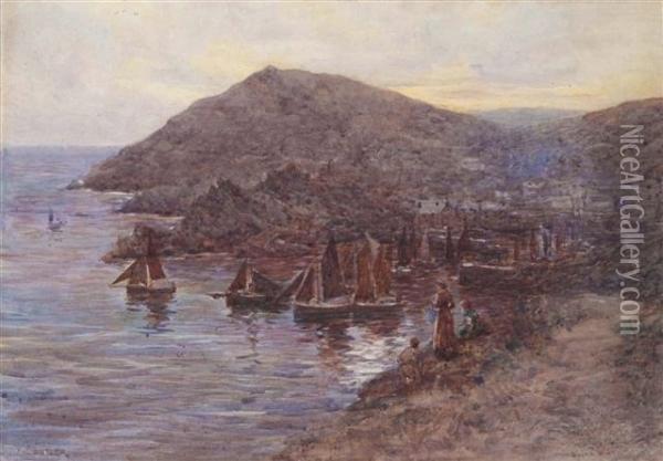 The Haven, Polperro Oil Painting - Herbert E. Butler