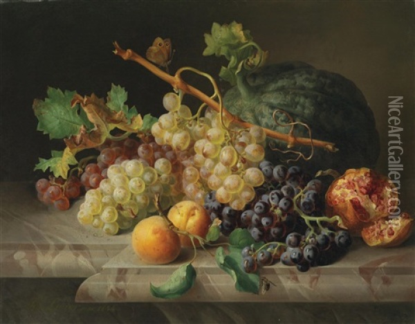 Stillleben Mit Granatapfel, Weintrauben Und Melone Oil Painting - Josef Lauer
