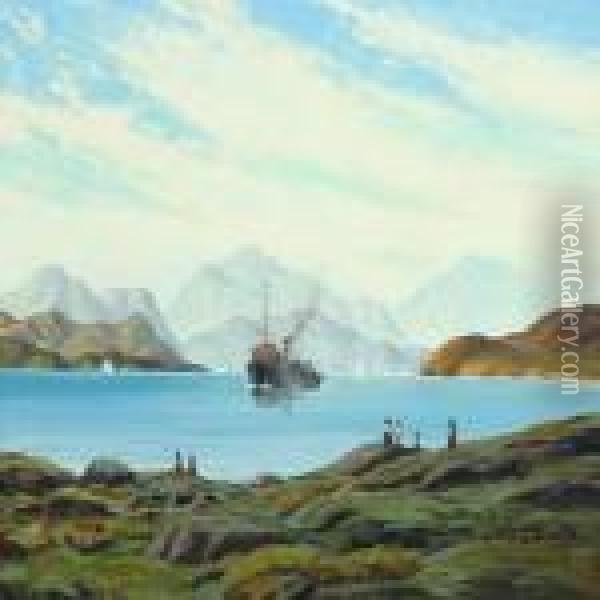 A Greenland Fiord With Ship Oil Painting - Emanuel A. Petersen