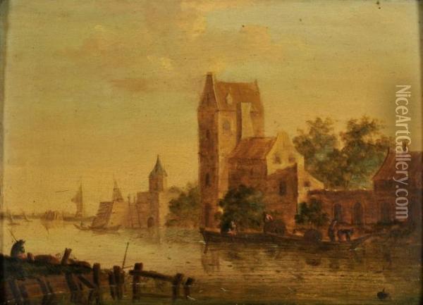 Waterfront Scenes With Figures In Boats Oil Painting - Jan van Goyen