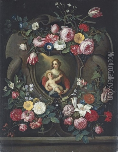The Virgin And Child, In A Sculpted Cartouche, Surrounded By Garlands Of Roses, Tulips, Carnations, Lillies And Other Flowers Oil Painting - Jan van Kessel the Elder