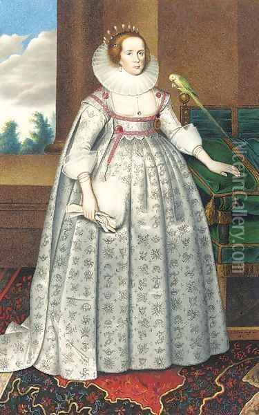 Portrait of Elizabeth Countess of Suffolk, full-length, standing beside a parrot Oil Painting - George Perfect Harding
