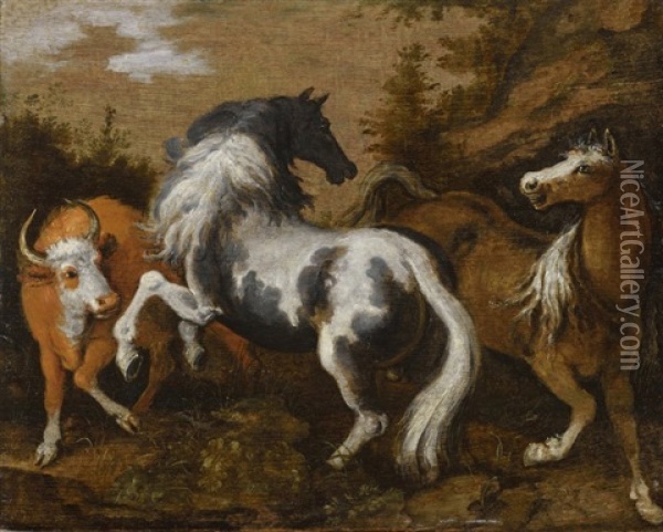 A Scene With An Arabian Stallion, Mare And Cow Oil Painting - Hans Savery the Younger