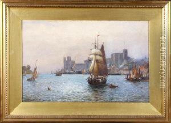 Shipping On The River Before Conway Castle Oil Painting - H.H. Travers