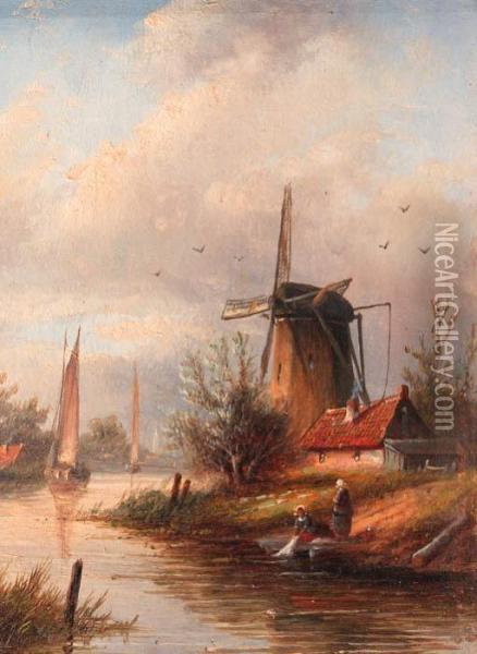 River Landscape With A Mill Oil Painting - Jan Jacob Coenraad Spohler
