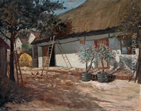 Court With Oleanders Oil Painting - Ferenc (Franz) Ujhazy