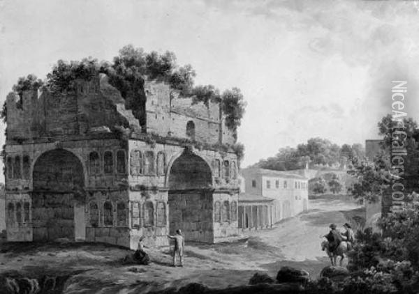The Tomb Of Cecilia Metella On The Via Appia, Rome; And The Arch Ofjanus On The Via Appia Oil Painting - Simone Pomardi