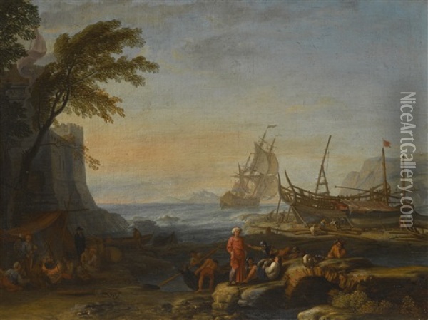 A Mediterranean Coastal Landscape At Evening With Figures Gathered On The Shore Oil Painting - Adrien Manglard