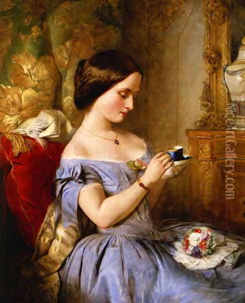 Taking Tea in the Drawing Room Oil Painting - Arthur Hughes