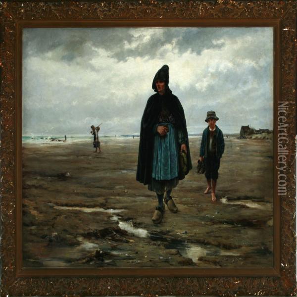 Woman And Boy On The Beach Oil Painting - Paul Mathey