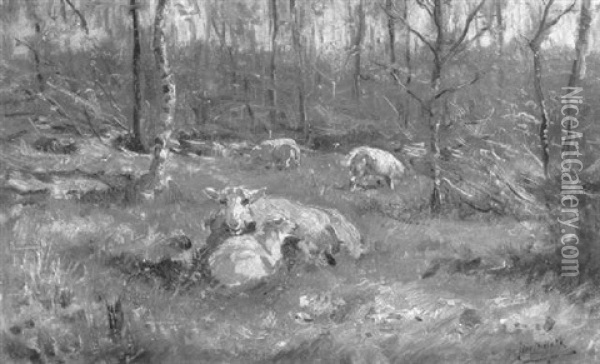 A Ewe Resting With Her Lamb At A Forest Edge Oil Painting - John Frederik Hulk the Younger