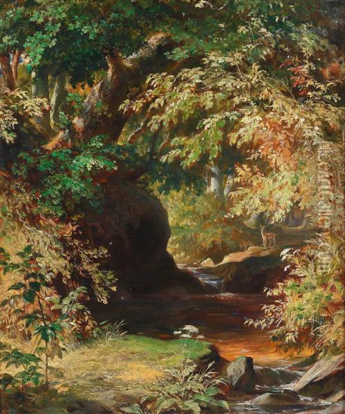 Woodland Stream With Roe Deer Oil Painting - Albert Graefle