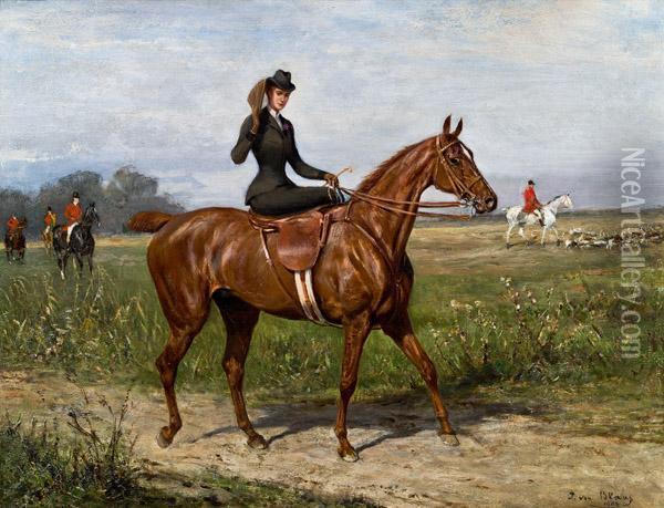 Dame Zu Pferd Vor Jagdgesellschaft Oil Painting - Julius von Blaas