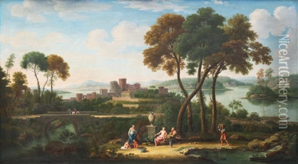 Figures In An Ideal River Landscape By A Bridge And Buildings Beyond Oil Painting - Hendrick Frans van Lint