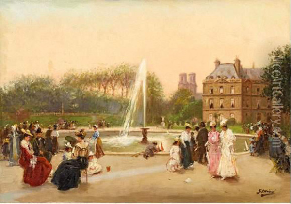Le Jardin Du Luxembourg. Oil Painting - Gaspar Miro Y Lleo