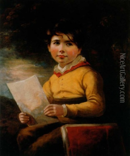 Portrait Of A Boy Holding A Sheet Of Paper, A Folio By His Side Oil Painting - George C. Watson