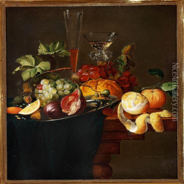 Still Life With Fruit, A Loaf Of Bread And Wineglasses On A Table Oil Painting - Christine Marie Lovmand