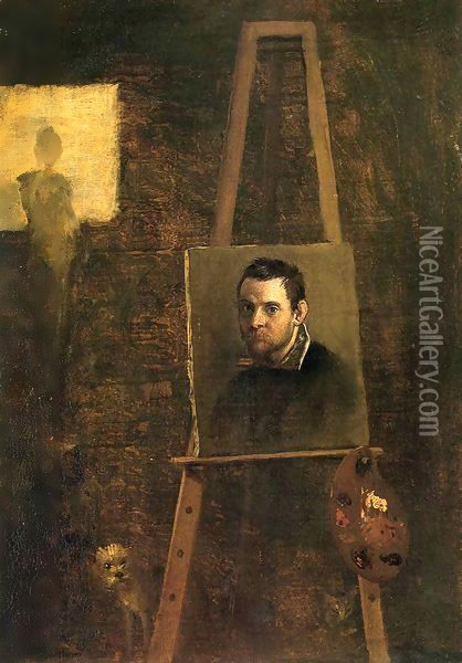 Self Portrait on Easel in Workshop Oil Painting - Annibale Carracci