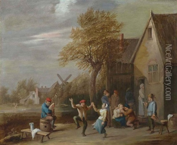 Peasants Carousing Before A Tavern Oil Painting - Thomas Van Apshoven