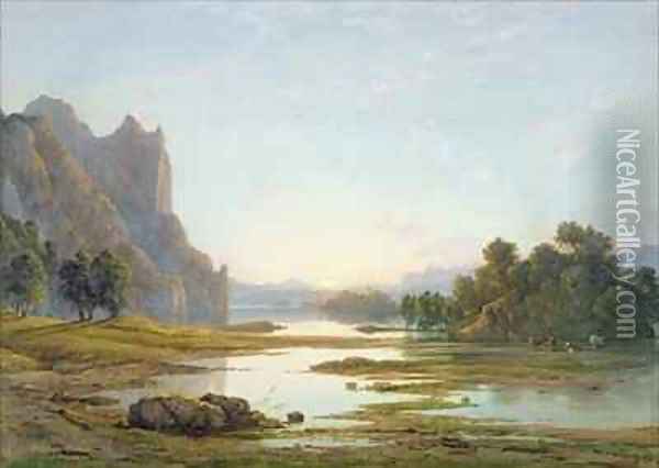 Sunset over a River Landscape Oil Painting - Francis Danby