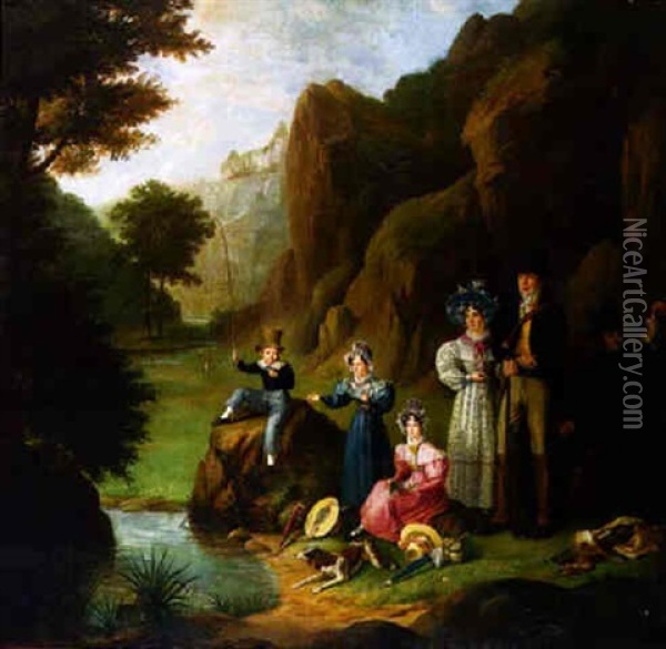 Portrait Of A Family In A River Landscape With A Young Boy Fishing And Other Members With Instruments Of The Hunt Oil Painting - Joseph Patrick Haverty